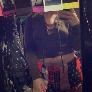 Olive green cropped sweater top with criss cross